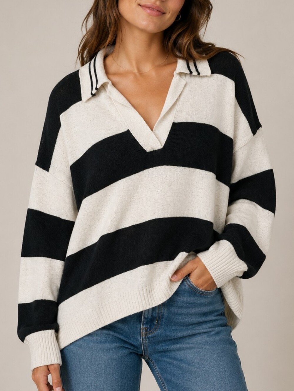 Oversized Striped Polo Sweater Women Large V-Neck Knit Pullover Preppy Normcore